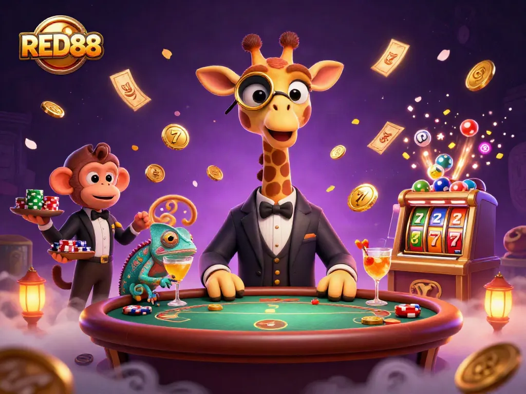Experience excitement with RED88 as the high-roller giraffe plays poker amidst slot reels and golden coins.
