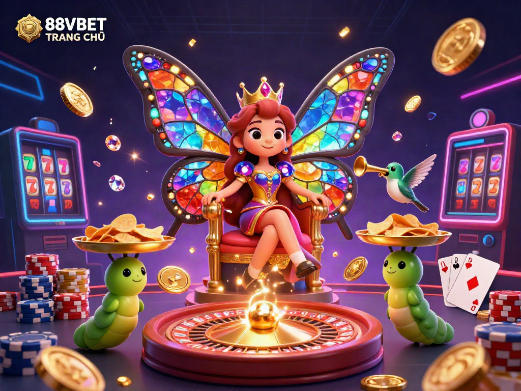 Engage with 88VBET TRANG CHỦ and experience vibrant casino gameplay featuring a butterfly queen, gold coins, and live betting action.