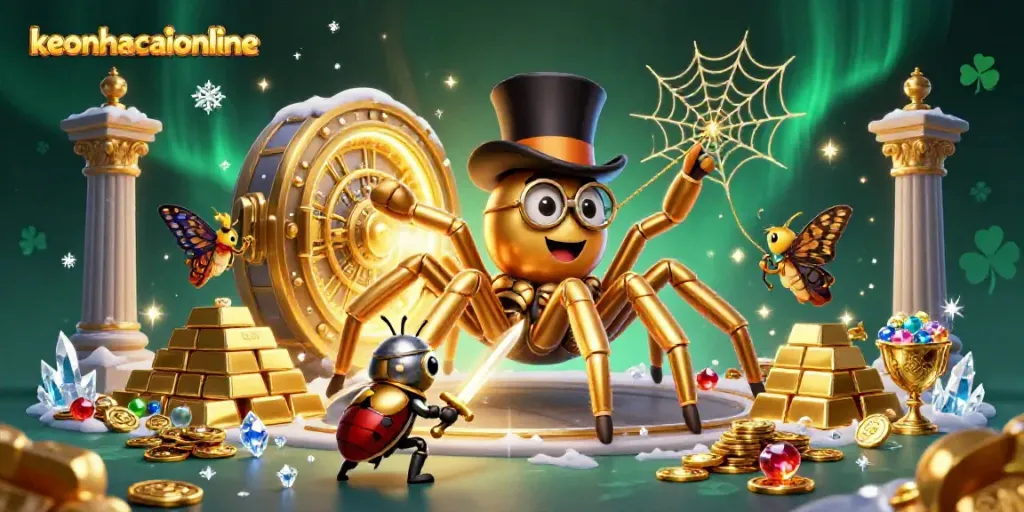 Engage with the dynamic world of keonhacaionline featuring a golden tarantula weaving luck in a vibrant casino scene.