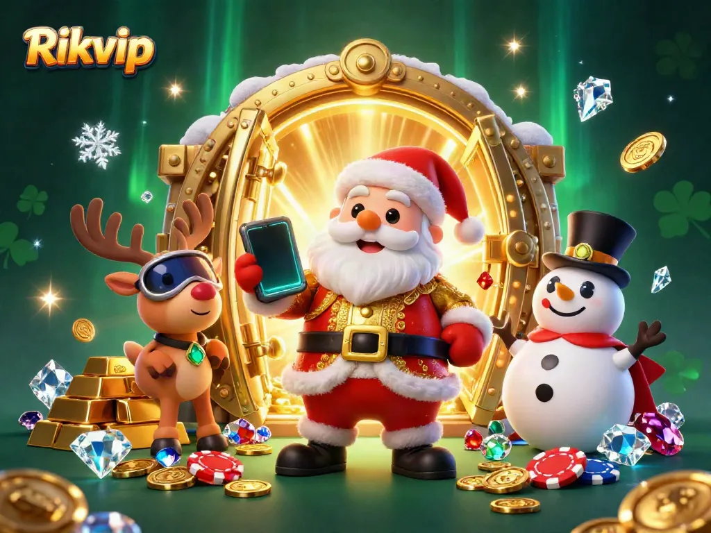 Experience the excitement of Rikvip with Santa, a reindeer dealer, and a poker chip snowman!