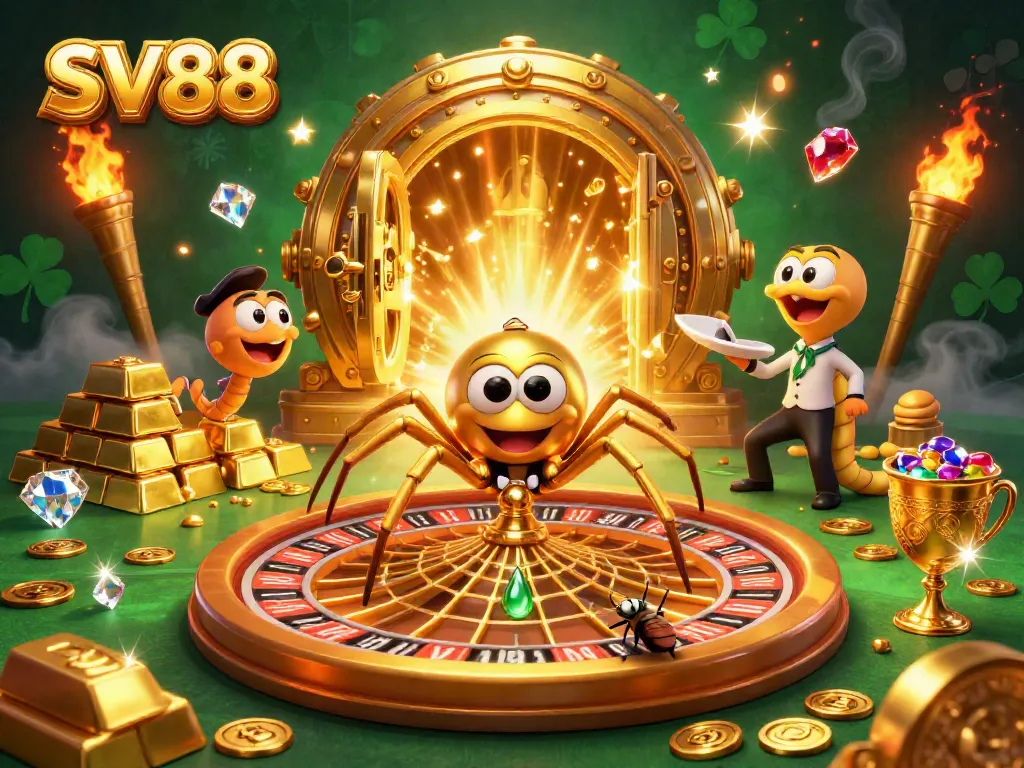 Bet strategically with SV88 at a vibrant casino scene filled with gold and excitement.