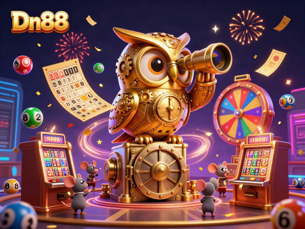 Engage with Dn88's vibrant 3D casino scene featuring a clockwork owl and lively game elements.