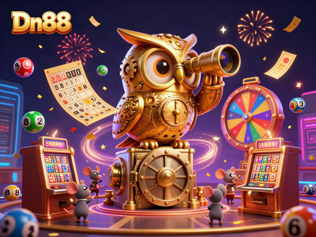 Engage with Dn88's vibrant 3D casino scene featuring a clockwork owl and lively game elements.