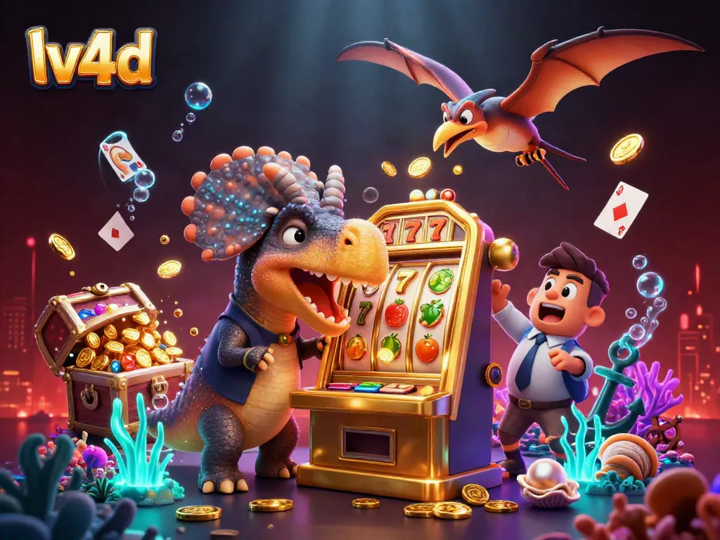 Experience the excitement of lv4d as a 3D pachycephalosaurus wins a jackpot amidst glowing underwater treasures.