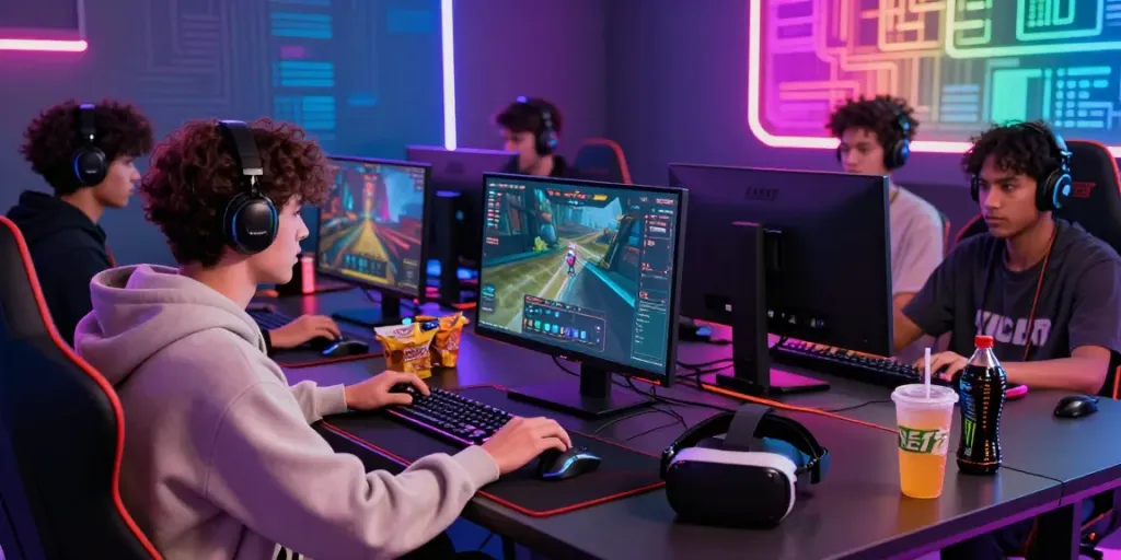 Kilat 404 gaming setup featuring diverse players enjoying immersive online games in a vibrant environment.