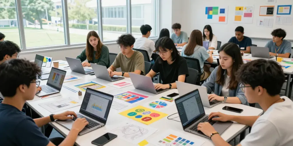Engaging student collaboration at SUPER33 daftar workspace with art projects and technology.