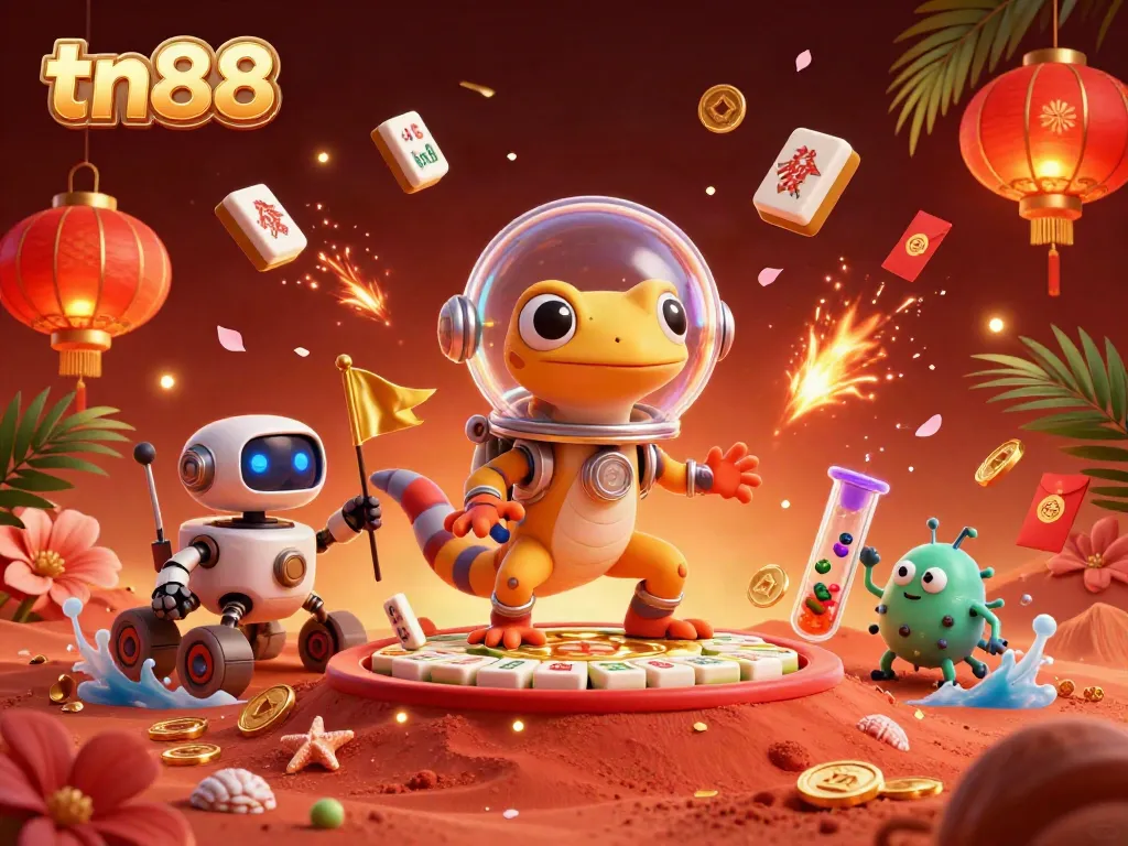 Experience the thrill of tn88 as a Martian gecko explores a golden casino in a vibrant scene.