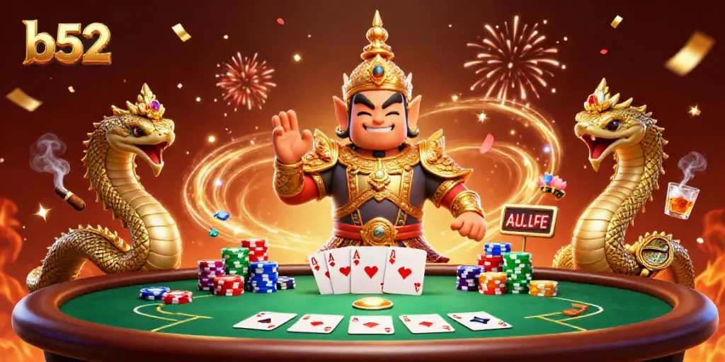 Join the excitement at b52 as the guardian interacts with poker elements in a vibrant casino scene.