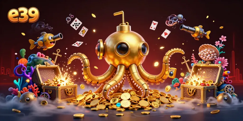 Win big with the e39 golden kraken submarine in a colorful underwater treasure scene.