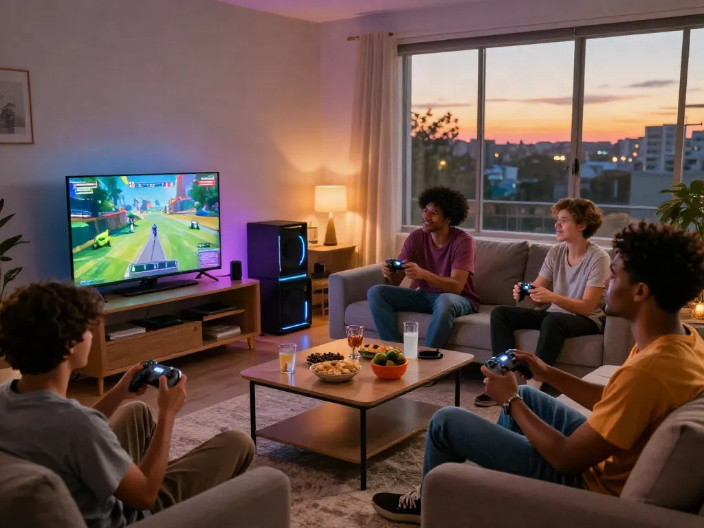 A lively gaming session featuring friends enjoying kilat404 in a cozy living room setting with vibrant visuals and snacks.