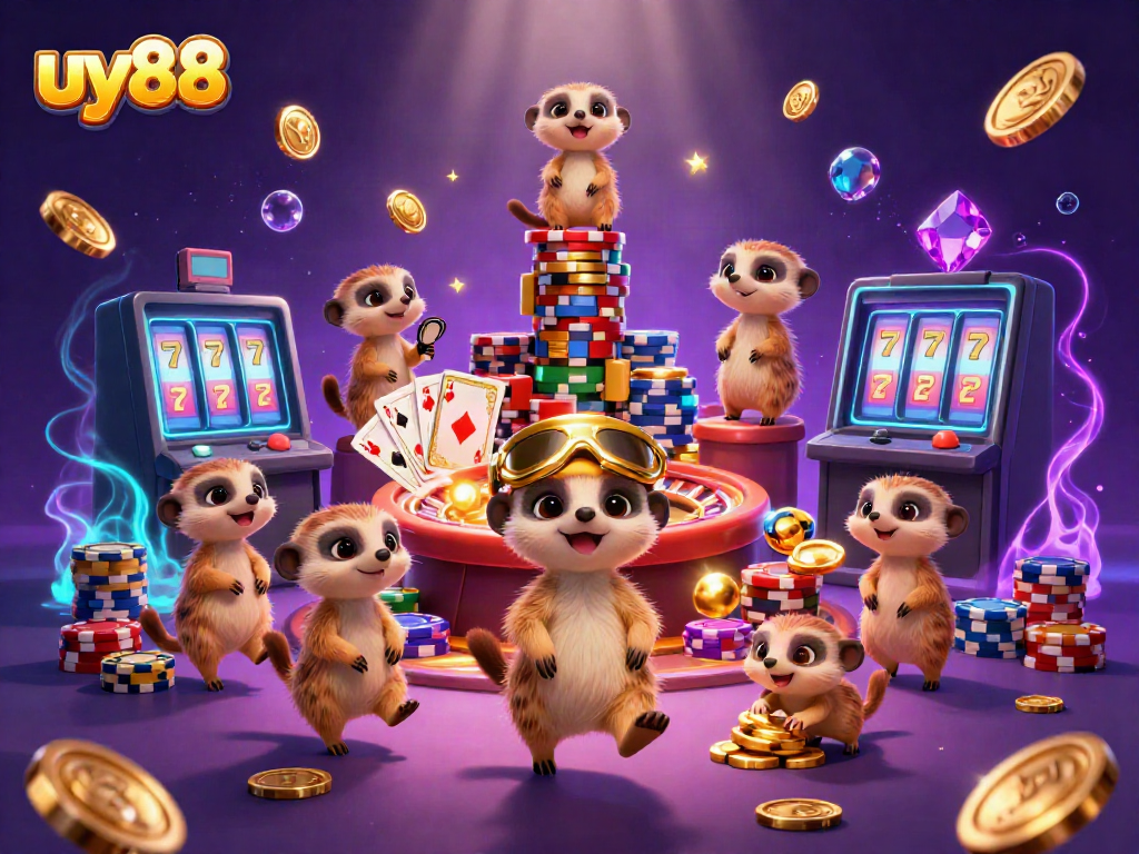 Engage with uy88, portrayed by meerkats managing a vibrant casino operation filled with excitement.