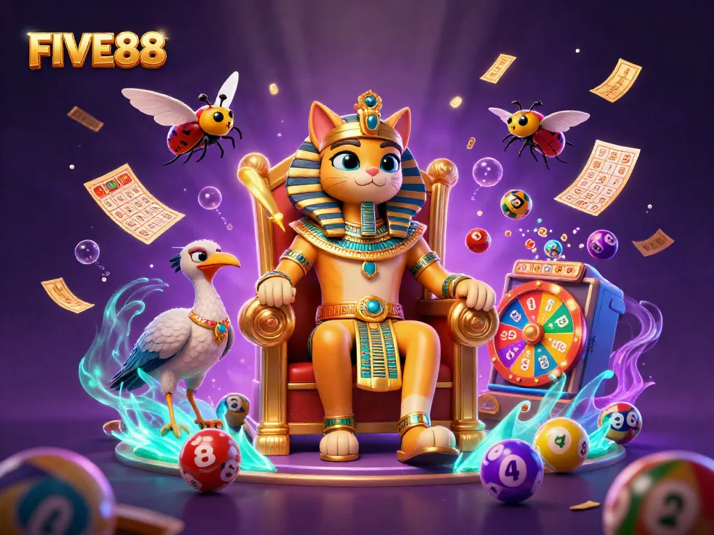 Experience the thrill of FIVE88 with an exciting 3D casino illustration featuring vibrant lottery elements and dynamic characters.
