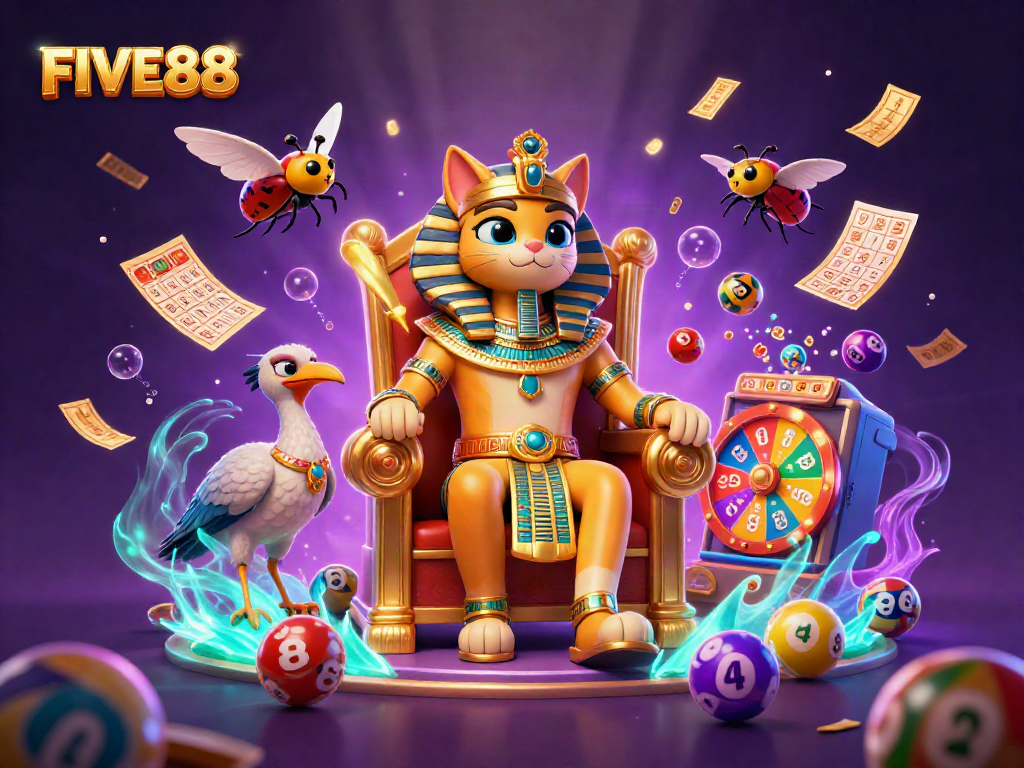 Experience the thrill of FIVE88 with an exciting 3D casino illustration featuring vibrant lottery elements and dynamic characters.