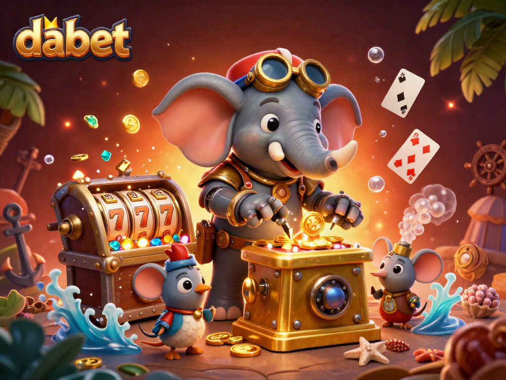 Dabet showcases exciting slot action featuring a steampunk elephant with a golden slot machine bursting with treasures.