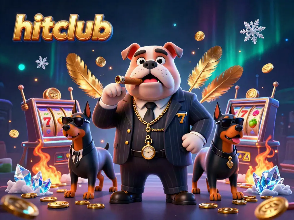 Engage with hitclub's thrilling slots in a vibrant casino illustration featuring a mafia boss bulldog.