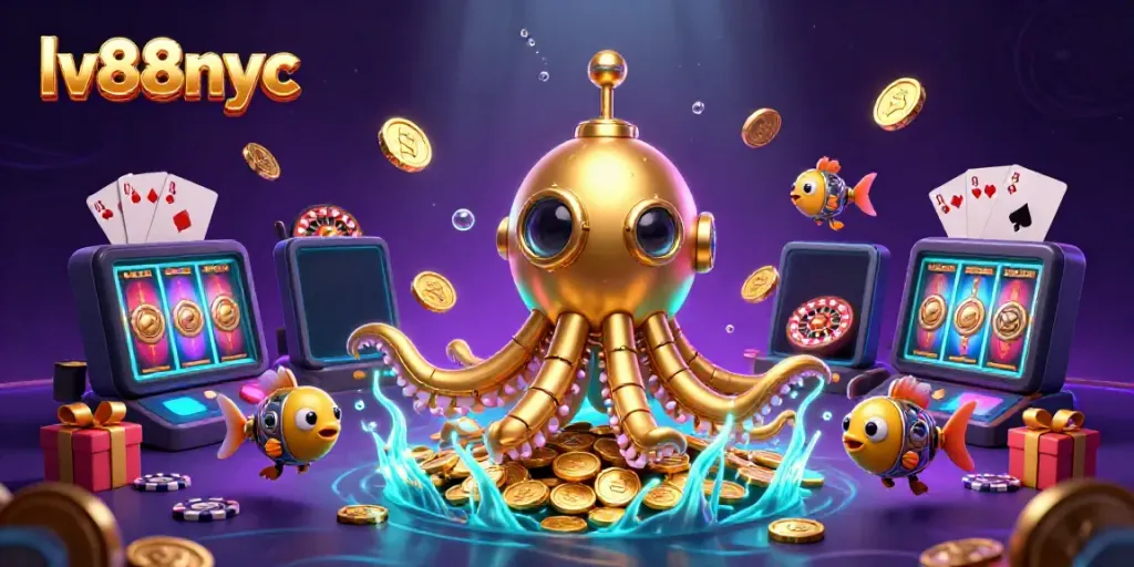 Enjoy the thrilling energy of lv88nyc with vibrant slot games and golden treasures in a captivating underwater scene.