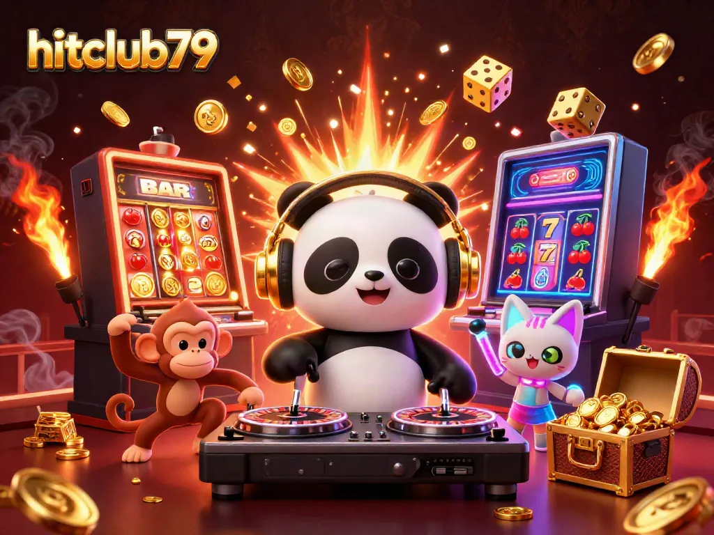 Experience the vibrant energy of hitclub79 with a colorful casino scene featuring a DJ panda and exciting game elements.