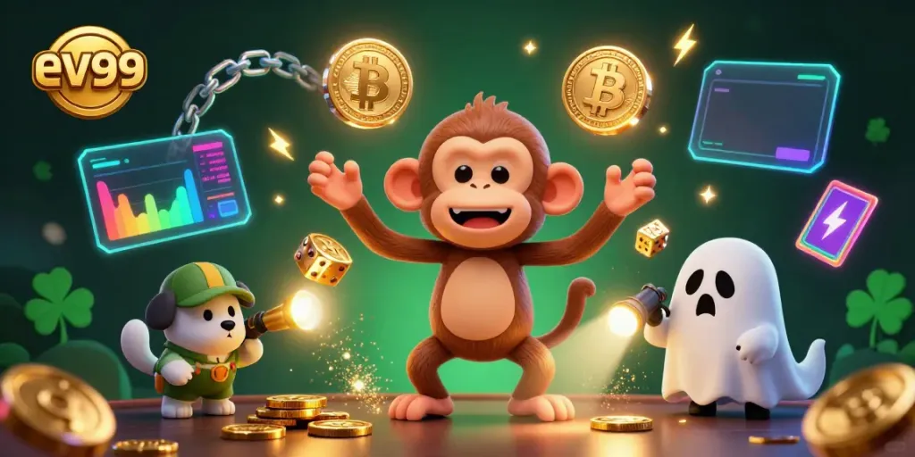 Experience thrilling gameplay at ev99 with a playful poltergeist monkey and hunter puppy amid vibrant casino elements.