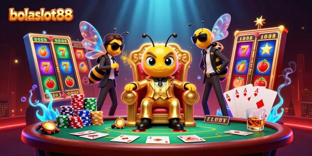 Experience the thrill of bolaslot88 with a vibrant scene of a bumblebee mob boss amid classic gaming symbols.