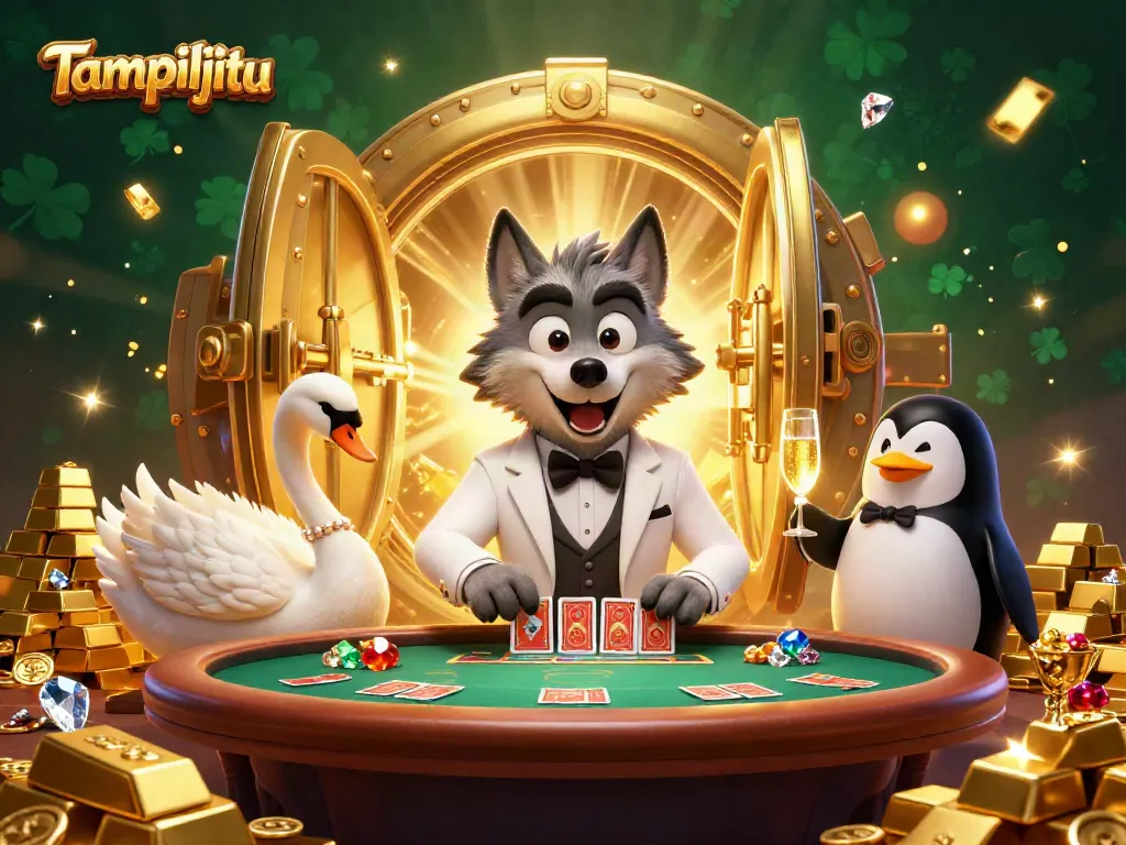 Engage in glory at Tampiljitu with refined characters and gleaming treasures in a vibrant casino scene.