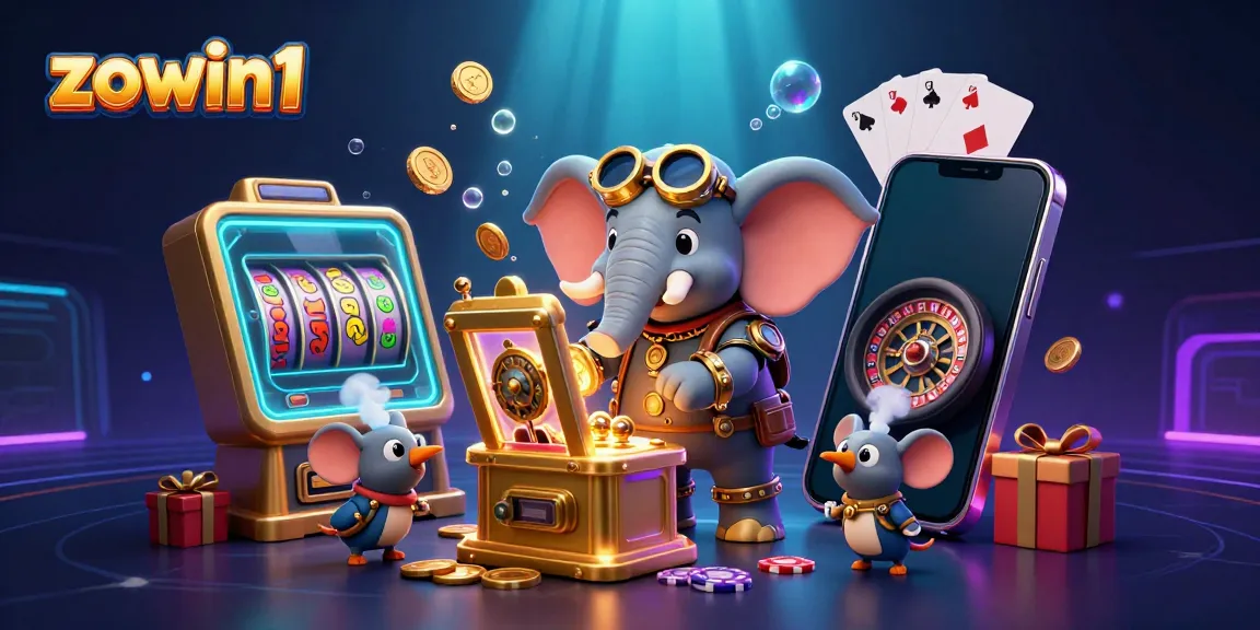 Experience thrilling wins with zowin1 in a vibrant steampunk casino scene filled with games and prizes.