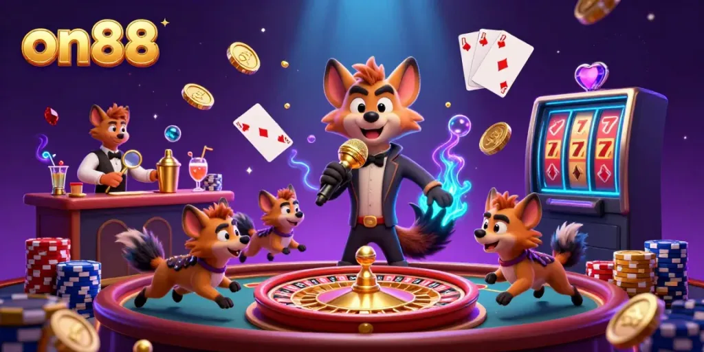 Experience excitement at on88 with a lively comedy casino scene featuring hyenas and vibrant gaming elements.