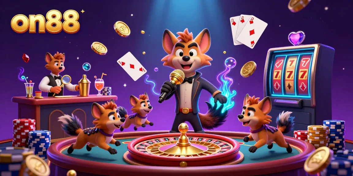 Experience excitement at on88 with a lively comedy casino scene featuring hyenas and vibrant gaming elements.