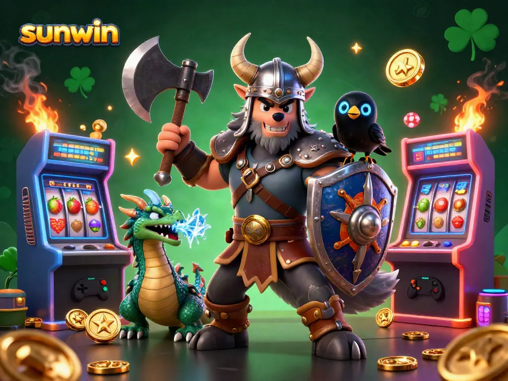 Experience thrilling gameplay at sunwin with a Viking warrior and dragon in an exciting casino scene.