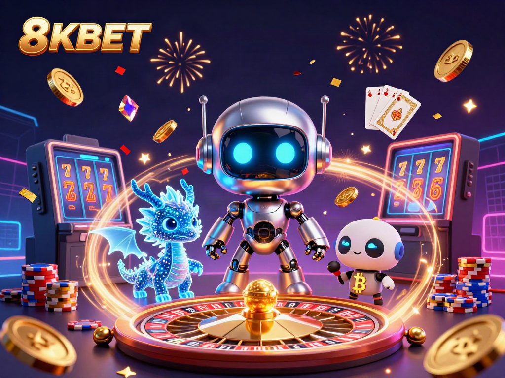 Experience thrilling gameplay with 8KBET, featuring immersive casino elements like coins, cards, and a neon backdrop.