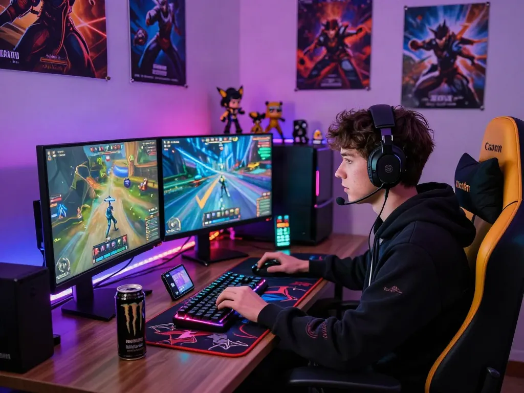 Intense gaming setup showcasing pecah 404-themed game with dual monitors, vibrant colors, and gaming paraphernalia.