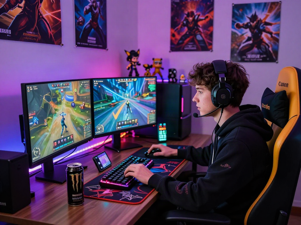 Intense gaming setup showcasing pecah 404-themed game with dual monitors, vibrant colors, and gaming paraphernalia.