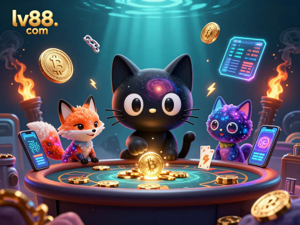Engage in exciting action at lv88. com with vibrant 3D casino characters and crypto elements in a dynamic scene.