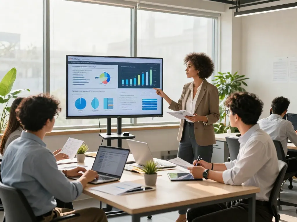 Collaborative workspace depicting diverse professionals discussing current trends in business and technology at istana 404.