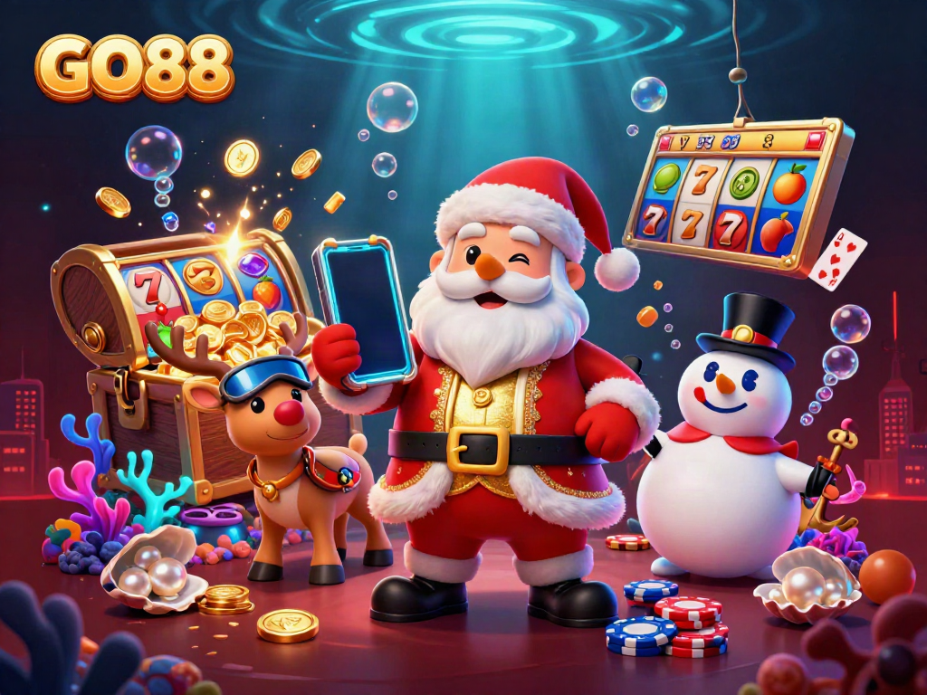 Engage with GO88 and witness Santa and friends celebrating jackpots in a vibrant casino scene.