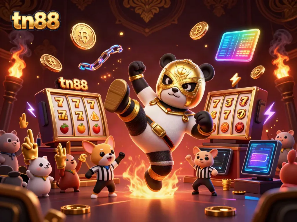 Experience an energetic tn88 casino scene with a flying panda wrestling champion and vibrant gaming elements.