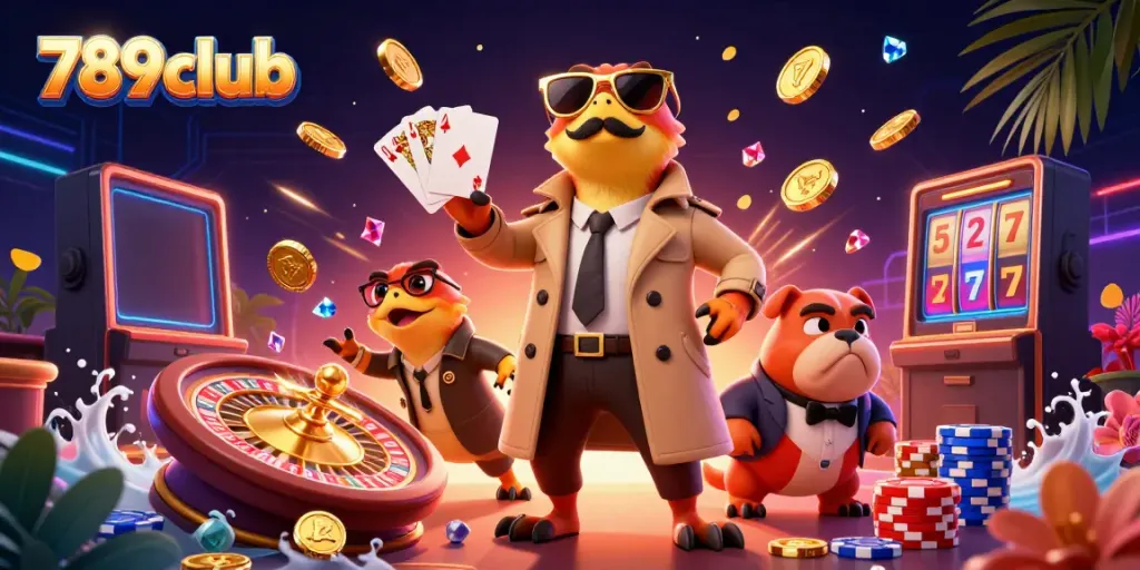 Engage with 789club at a vibrant casino scene, showcasing cartoon raptors and sparkling gaming elements.