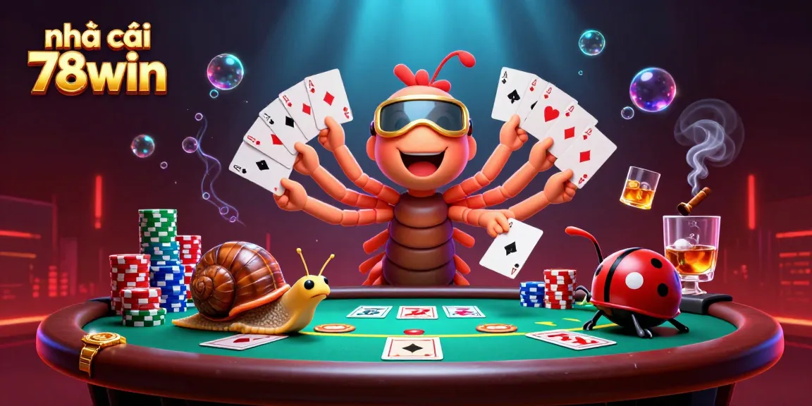 Engaging scene at nhà cái 78win showcasing a vibrant poker game with a millipede dealer and dynamic characters.