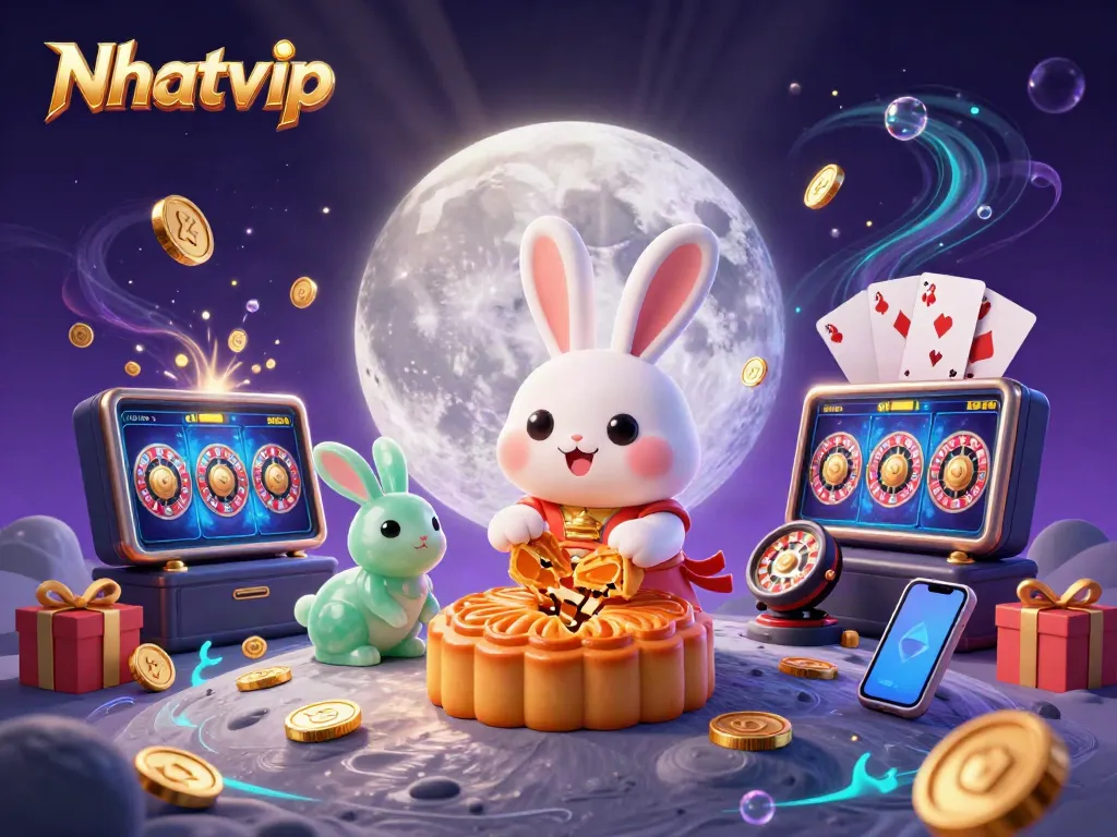 Nhatvip showcases a vibrant lunar scene with a moon rabbit, poker chips, and casino elements.