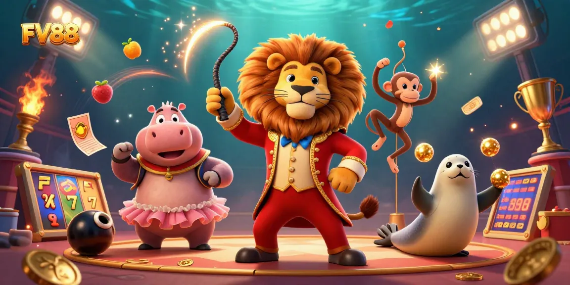 Engage with thrilling FV88 slot reels and characters in a vibrant casino setting full of excitement.