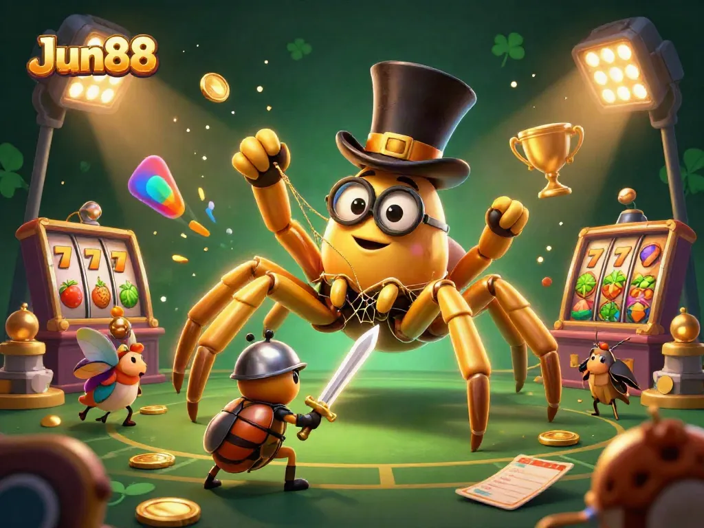 Jun88 engages players with a vibrant scene featuring a giant golden tarantula, beetle knight, and thrilling slot action.
