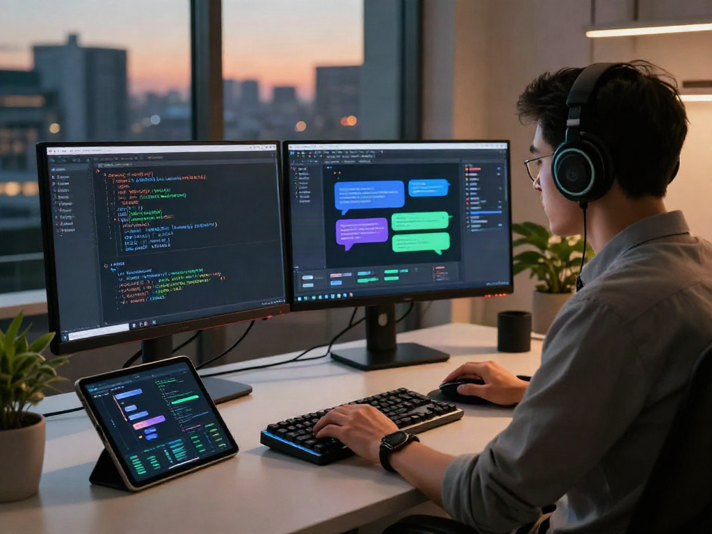 AI chat nsfw development workspace with a developer coding algorithms in a modern office.