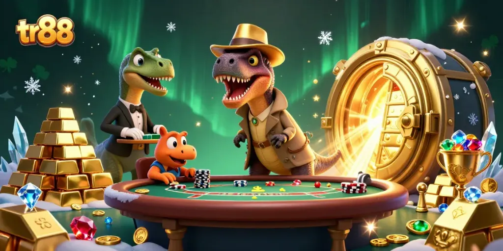 Join the lively tr 88 casino scene with a velociraptor at blackjack and treasure galore!