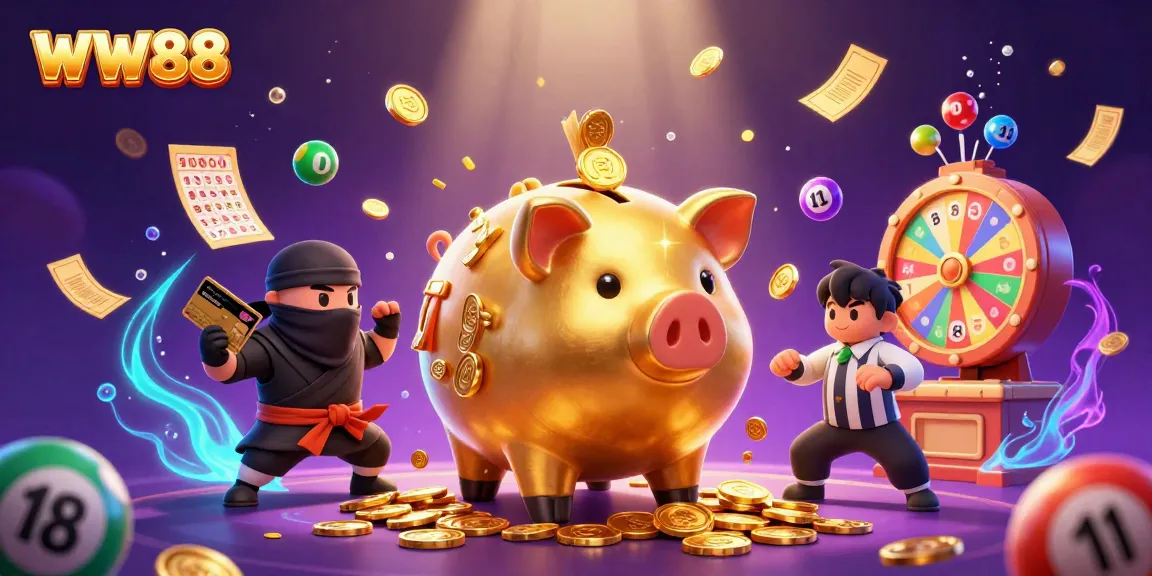 WW88 showcases a dynamic 3D illustration featuring a golden piggy bank sumo wrestler amidst colorful lottery elements.
