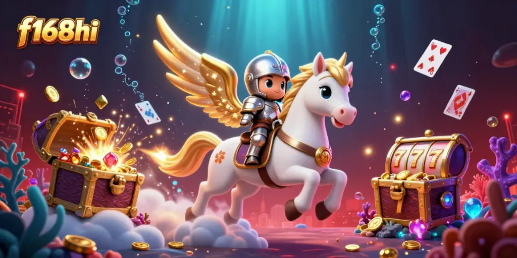 Spin and win at f168hi with a magical 3D casino adventure featuring a captivating celestial horse and knight.