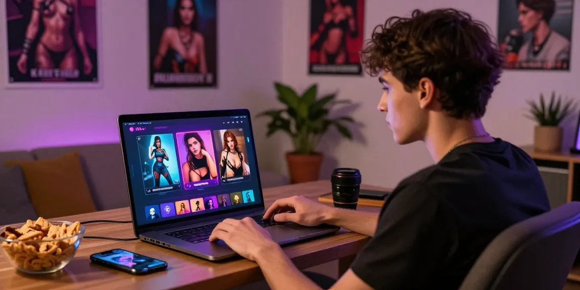 Engaged user experiencing AI porn chat with dynamic character animations and explicit images on a sleek laptop.
