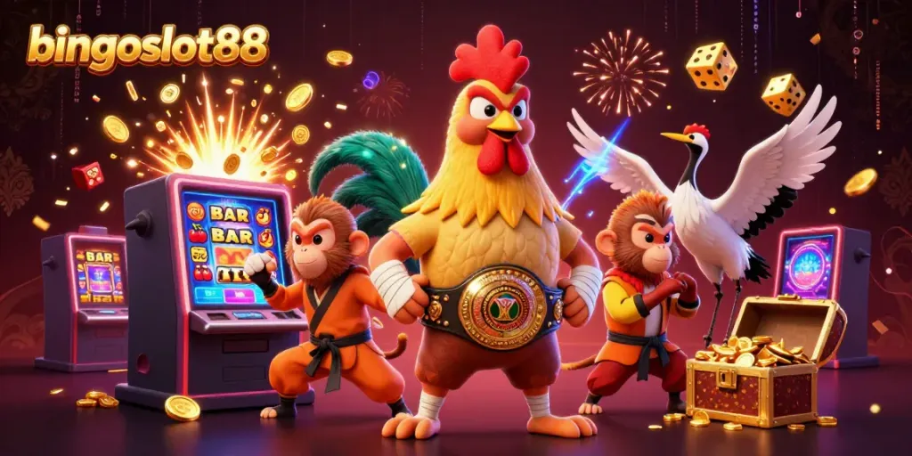 Rasakan keseruan bermain bingoslot88 dengan ilustrasi modern karakter kartun dan elemen kasino.