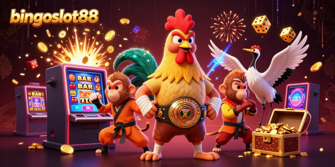 Rasakan keseruan bermain bingoslot88 dengan ilustrasi modern karakter kartun dan elemen kasino.