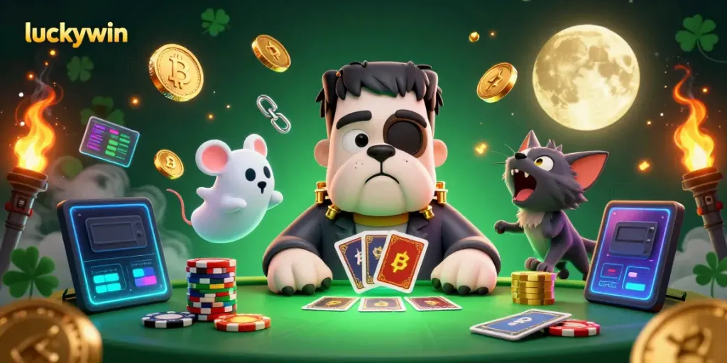 Experience the excitement of luckywin with a whimsical scene showcasing a bulldog dealer, ghost mouse, and werewolf kitten.