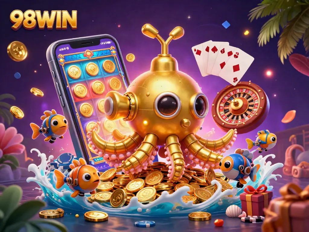 Join 98WIN as you uncover riches in this vibrant underwater casino-themed scene.