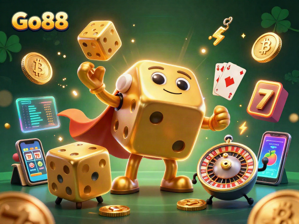 Engage with Go88 casino through this vibrant 3D illustration featuring dynamic golden dice and thrilling slot elements.
